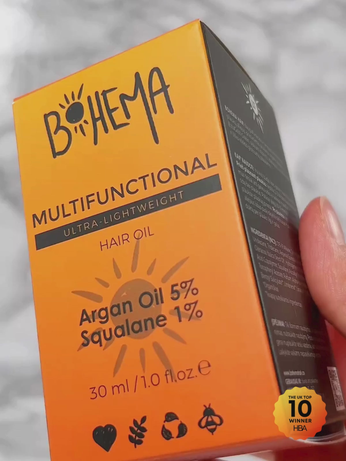 Video showcasing BOHEMA oil bottle and packaging 